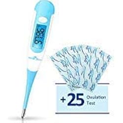 Easy@Home Digital Basal Thermometer with Bonus 25 Ovulation Test Strips, 1100th Degree High Precision and 30 Records, Perfect for Ovulation Tracking and Natural Family Planning, New EBT-100B LH 25