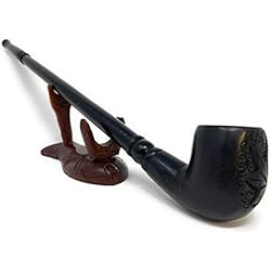 Matchpipe Handcrafted Black Mystique Leaf 11 inches Long Churchwarden Tobacco Pipe Pearwood Long stem Deep Bowl