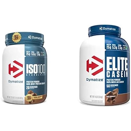 Dymatize ISO100 Hydrolyzed Protein Powder, 25g of 100% Whey Isolate Protein, Gourmet Chocolate, 20 Servings Dymatize Elite Casein Protein Powder, 100% Micellar Casein, Rich Chocolate, 4 Pound