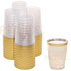 Gold Plastic Clear Cups | 10 oz. 50 Pack | Disposable Party Cups with Gold Rim | Fancy Wedding Tumblers | Elegant Party Supplies & Decorations | Old Fashioned Tumblers [Drinket Collection]