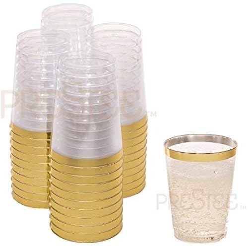 Gold Plastic Clear Cups | 10 oz. 50 Pack | Disposable Party Cups with Gold Rim | Fancy Wedding Tumblers | Elegant Party Supplies & Decorations | Old Fashioned Tumblers [Drinket Collection]