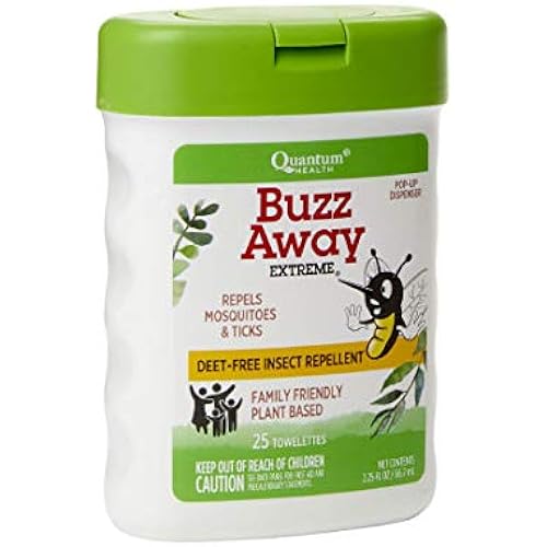 Quantum Health Buzz Away Extreme Towelettes - DEET-free Insect Repellent Wipes, Essential Oils - Pop Up Dispenser, Small Children and Up, 25 Count
