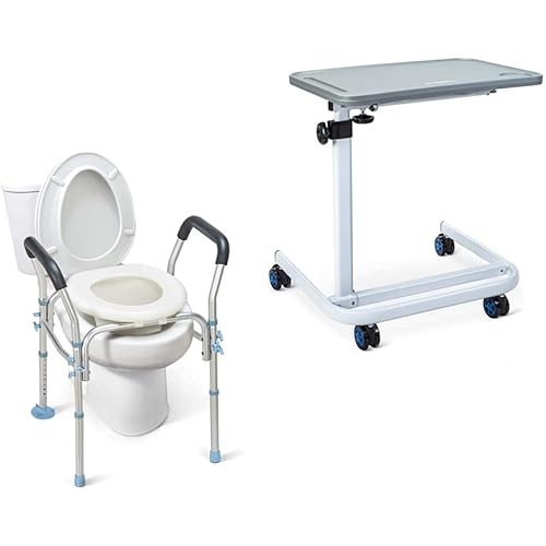 OasisSpace Overbed Table with Holder, Adjustable Over Bedside with Wheels & Heavy Duty Medical Raised Homecare Commode and Safety Frame