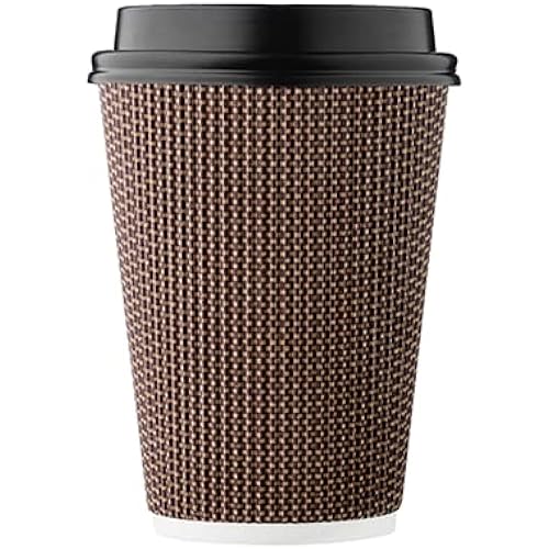 HARVEST PACK 12 oz Insulated Ripple Double-Walled Paper Cup with Lid, Brown Geometric, Coffee Tea Hot Chocolate Drinks To-go [100 SETS]