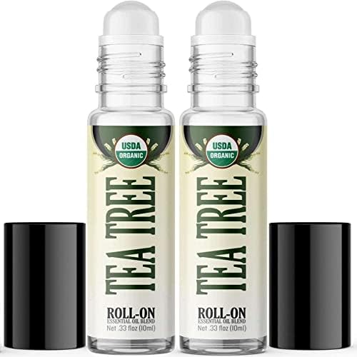 Organic Tea Tree Roll On Essential Oil Rollerball 2 Pack - USDA Certified Organic Pre-diluted with Glass Roller Ball for Aromatherapy, Kids, Children, Adults Topical Skin Application - 10ml Bottle