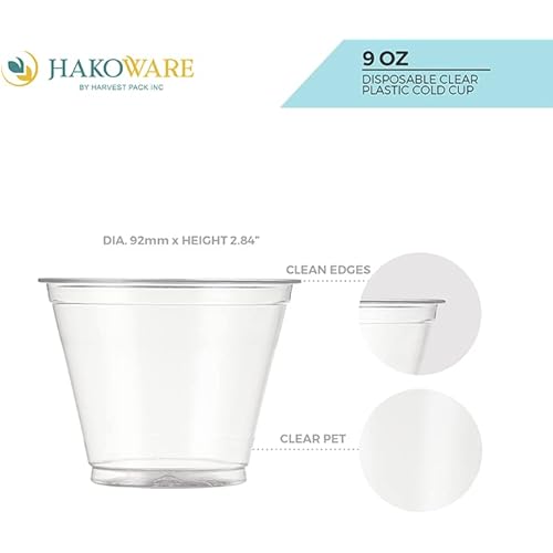 200 Count - 9 oz] Harvest Pack Clear Plastic Cups, PET Crystal TO-GO Disposable 9oz Plastic Cups