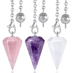 DUQGUHO 3 Pcs Crystal Pendulums Set for Divination Dowsing Natural Amethyst Rose Quartz Clear Quartz Healing Crystal Quartz Reiki Gemstone Pendants Witchcraft Wiccan Accessories