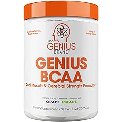 Genius BCAA Powder – Nootropic Amino Acids & Muscle Recovery Drink | Natural Vegan Energy BCAAs for Women & Men Pre, Intra & Post Workout | Natural Brain Boost & Focus Supplement, Grape Limeade,290g