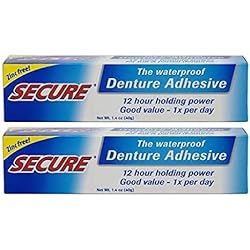 Secure Waterproof Denture Adhesive - Zinc Free - Extra Strong Hold For Upper, Lower or Partials - 1.4 oz Pack of 2