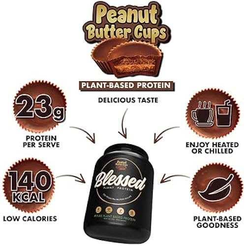 Blessed Plant Based Vegan Protein Powder - 23g of Pea Protein Isolate, Low Carbs, Non Dairy, Gluten Free, Soy Free, No Sugar Added - Meal Replacement for Women & Men, 15 Servings Peanut Butter Cups