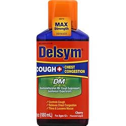 Max Strength Delsym Cough Plus Chest Congestion DM Liquid, Cherry Flavor, 6 fl. oz. Relieves Cough, Chest Congestion, and Thins & Loosens Mucus