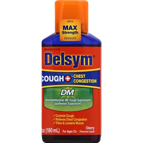 Max Strength Delsym Cough Plus Chest Congestion DM Liquid, Cherry Flavor, 6 fl. oz. Relieves Cough, Chest Congestion, and Thins & Loosens Mucus