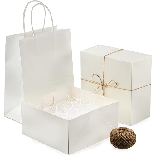 24 Pieces Paper Gift Boxes 8 x 8 x 4 Inch Kraft Paper Gift Bags with Handles 10.6 x 8.3 x 4.3 Inch Twine Pack for Christmas Bridesmaid Proposal Wedding Birthday Party Wrapping Present White