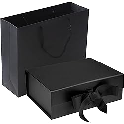Black Luxury Magnetic Gift Box with Lid, Ribbons and Gift Bag, Medium Size-9.4x7x3 Inches, Great for Business, Wedding, Birthdays, Groomsman, Husband, Father's Day, Presents Display and Packging