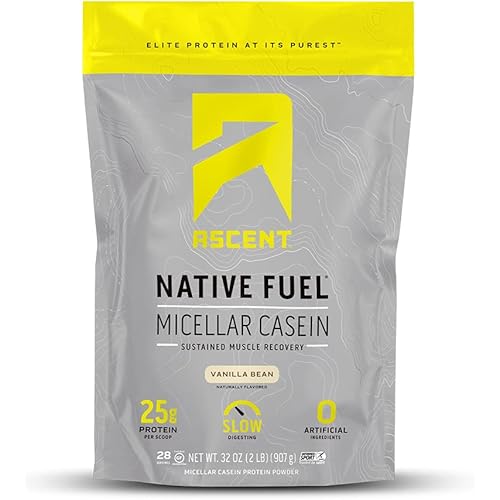 Ascent Native Fuel Casein Protein Powder - 25g Micellar Casein with Zero Artificial Ingredients, Soy & Gluten-Free, No Added Sugar, 4.9g BCAA, 2.2g Leucine - Vanilla Bean, 2 Pounds