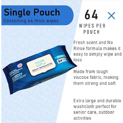 Handybath Incontinence Adult Washcloths Scented for Senior Care or Outdoor Activities - Extra Large 12 x 9" Towels -Cleaning Wipes with Aloe & Chamomile - Rinse Free - 64 Count Pack 1 Pack