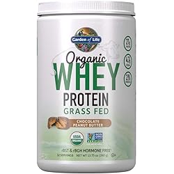 Garden of Life Certified Organic 21g California Grass Fed Whey Protein Powder - Chocolate Peanut Butter - 12 Servings, Probiotics, Gluten, RBST and rBGH Free, 13.75 Oz