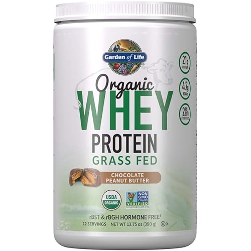 Garden of Life Certified Organic 21g California Grass Fed Whey Protein Powder - Chocolate Peanut Butter - 12 Servings, Probiotics, Gluten, RBST and rBGH Free, 13.75 Oz