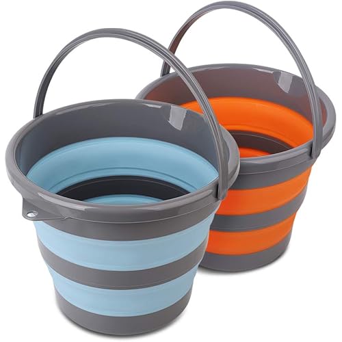 2 Pack Collapsible Plastic Bucket with 2.6 Gallon 10L Each, Foldable Round Tub for House Cleaning, Space Saving Outdoor Waterpot for Garden or Camping, Portable Fishing Water Pail Blue & Orange