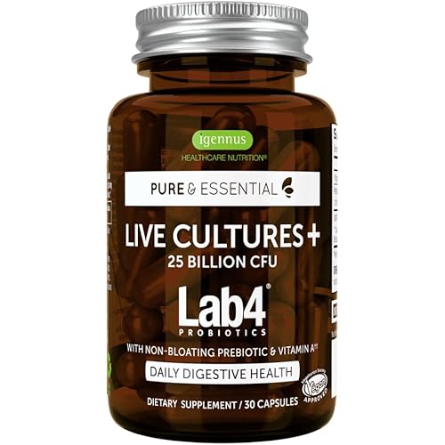 Live Cultures Lab4 Probiotics, Vegan Lactobacillus Acidophilus & Bifidobacterium, 25 Billion CFU, Plus Non-Bloating Prebiotic for Men & Women, 30 Capsules, by Igennus