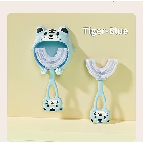 U-Shaped Kids Toothbrush with Cute Wall Bracket, Food Grade Soft Silicone Bristles Baby Toothbrush, 360° Oral Teeth Cleaning Toddler Training Toothbrushes for Kids Children 2-6 Years Old Blue