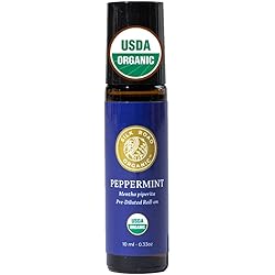 Organic Peppermint Essential Oil Roll on, 100% Pure USDA Certified for Headache, Migraine, Pain, Nausea, Energy – Travel Safe, 10ml