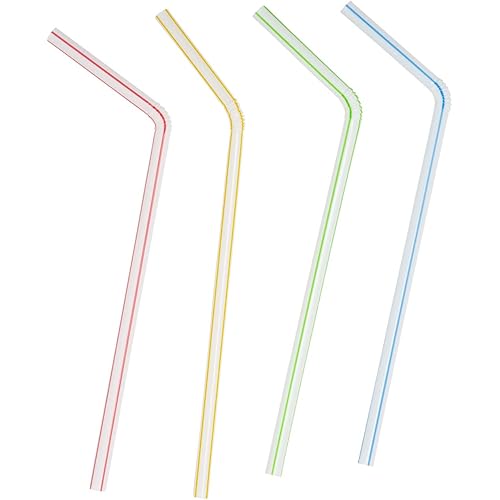 400 Pack] Flexible Disposable Plastic Drinking Straws - 7.75" High - Assorted Colors Striped