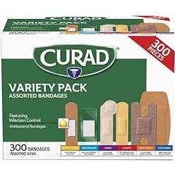Curad Assorted Bandages Variety Pack 300 Pieces, including antibacterial, heavy duty, fabric, and waterproof bandages