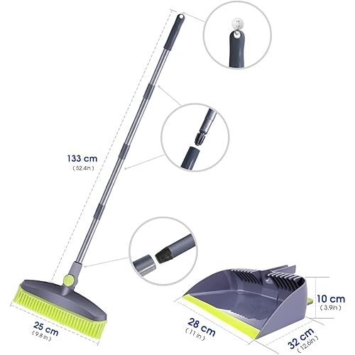 Adjustable Rubber Push Broom and Dustpan Set,Self Cleaning Indoor Outdoor Angle Brooms with Dust pan for Home,Long Handle Brooms for Floor Sweeping, Kids,Carpet Dog Cat Pets Household Brooms