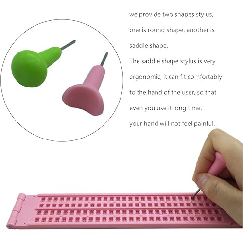 4 Lines 28 Cells Braille Writing Slate with 2 pcs Styluses, Braille Slate Kit with Plastic Box （ 2 Sets Pink Green