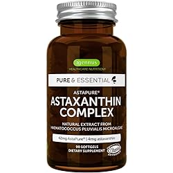 Astaxanthin Complex, Natural Algae Antioxidant for Eyes, Skin & Joints, 90 Vegan Softgels, Non-GMO 42 mg Astapure Providing 4 mg H. Pluvialis Astaxanthin, Pure & Essential by Igennus