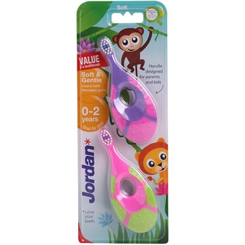 Jordan Step 1 Baby Toothbrush for Age 0-2 Years Old Toddler Toothbrush with Extra Soft Bristles & Soft Biting Ring for Babies Gums and Easy Grip Pack 2 Units