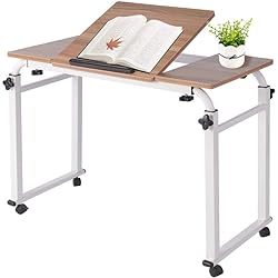 Adjustable Overbed Table, Mobile Computer Desk Height and Length Adjustable Over Bed Laptop Workstation with Rolling Wheel and Tilting Tabletop for Home Bedroom Office Hospital0.8m-OakWhite