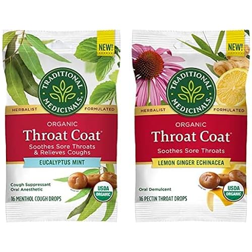 Traditional Medicinals Throat Coat Lozenges, Lemon Ginger Echinancea and Eucalyptus Mint, Pack of 2 Bundle