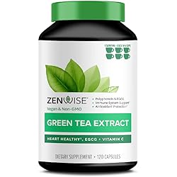 Zenwise Green Tea Extract with EGCG & Vitamin C - Antioxidant & Immune Supplement - Vegan Skin & Heart Support Brain Health & Memory Boost - 120 Count