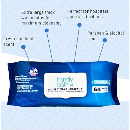 Handybath Incontinence Adult Washcloths Scented for Senior Care or Outdoor Activities - Extra Large 12 x 9" Towels -Cleaning Wipes with Aloe & Chamomile - Rinse Free - 64 Count Pack 1 Pack