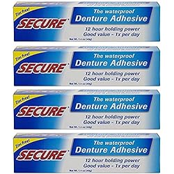 Secure Waterproof Denture Adhesive - Zinc Free - Extra Strong Hold For Upper, Lower or Partials - 1.4 oz Pack of 4