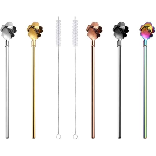 Cabilock Delicate 7pcs Stainless Steel Straw Spoon with Brushes Colorful Flower Stirring Spoon Reusable Drinking Straws