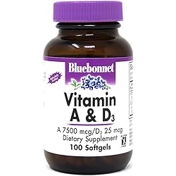 Bluebonnet Nutrition Vitamin A & D3 25,000 IU1,000 IU from Deep Sea, Cold Water, Fish Oil - For Eye Health & Immune Function - Gluten Free - Dairy Free - Molecularly Distilled - 100 SoftgelServings