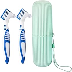 2pcs Double Bristle Head Denture Brush Dental Cleaning Brush with Portable Toothbrush Cup Holder, Properly Clean Oral Appliance