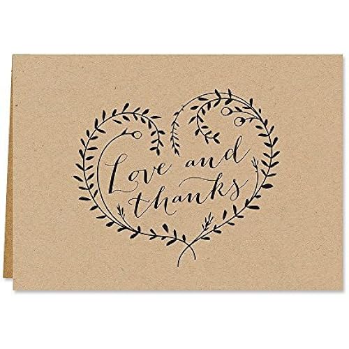 Kraft Love and Thanks Thank You Note Card Pack - Set of 36 cards blank inside - with Kraft envelopes