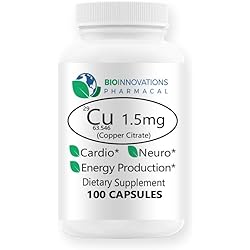 Bio-Innovations Cu 1.5mg Copper Citrate Highly Bioavailable Supports Nervous System, Collagen Synthesis for Bones Joints and Cardiovascular System, Iron Metabolism, Energy Production - 100 Capsules