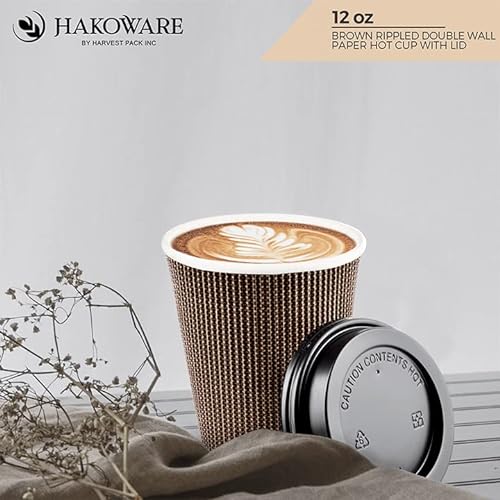 HARVEST PACK 12 oz Insulated Ripple Double-Walled Paper Cup with Lid, Brown Geometric, Coffee Tea Hot Chocolate Drinks To-go [100 SETS]