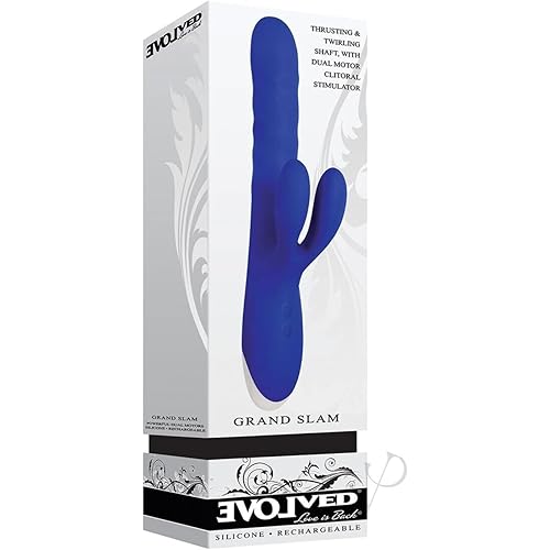 Evolved Love is Back Grand Slam Silicone Recharegeable Thrusting & Twirling Shaft with Dual Motor Clitoral Rabbit Stimulator Vibrator, Blue