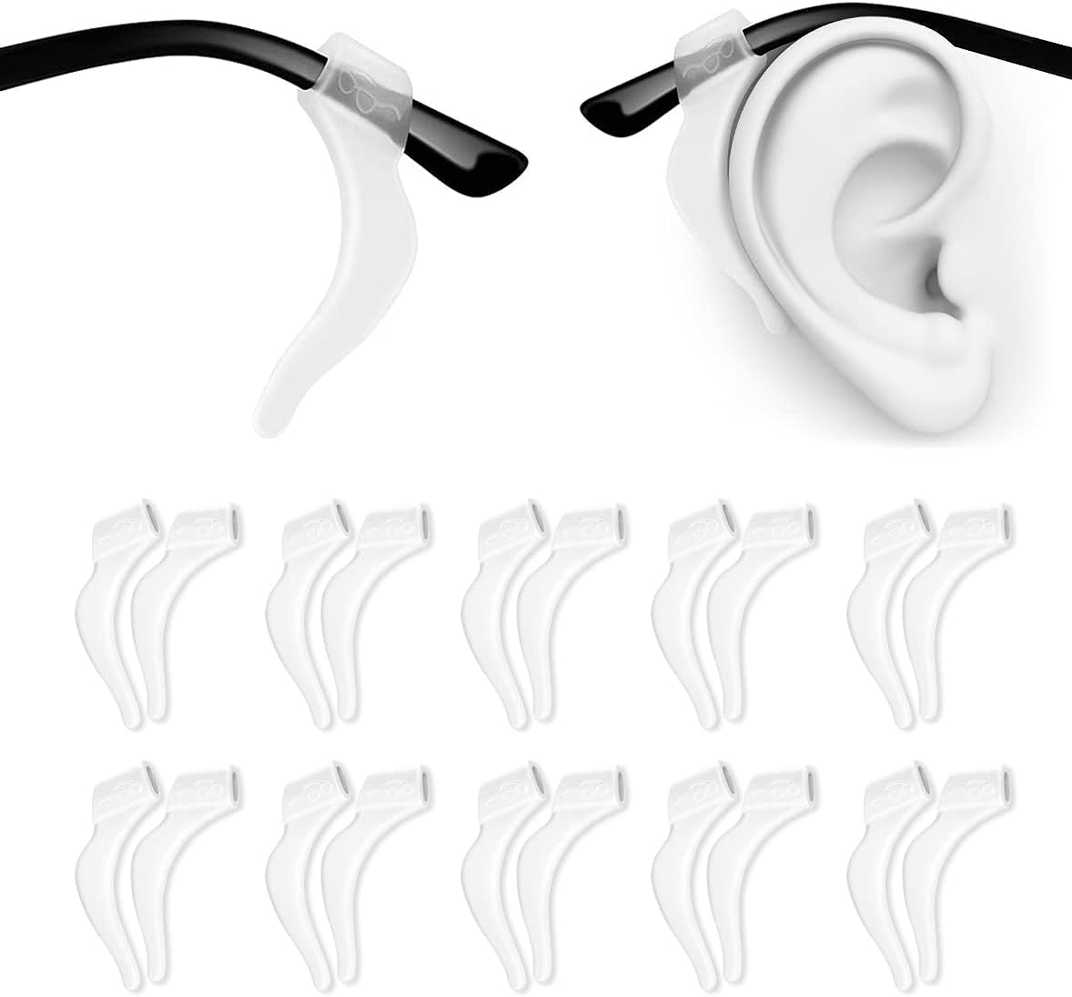 PTSLKHN Soft Silicone Eyeglass Ear Hooks, 10 Pairs of Non-Slip Eyeglasses Ear Grips for Glasses, Sunglasses, Reading Glasses