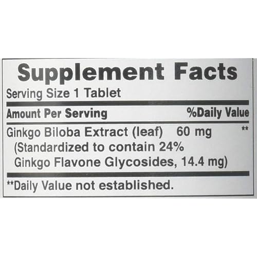 Puritans Pride Ginkgo Biloba Standardized Extract 60 mg Tablets, 120 Count