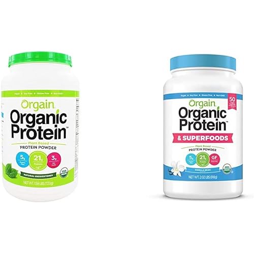 Orgain Organic Plant Based Protein Powder, Natural Unsweetened - Vegan, Low Net Carbs, 1.59 Pound & Organic Plant Based Protein Superfoods Powder, Vanilla Bean - Vegan, Non Dairy, 2.02 lb
