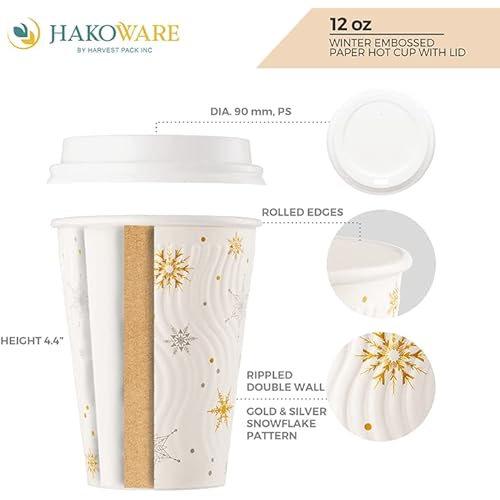 HARVEST PACK 12 oz White Snowflake Insulated Ripple Wall Paper Cup with Lid, Gold and Silver Foil, Coffee Tea Hot Chocolate Drinks To go [100 SETS]