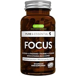 Pure & Essential Focus - Brain Booster Supplement with Caffeine, L-Theanine, Taurine & L-Tyrosine, B-Vitamins, Zinc & Copper, Enhance Cognitive Function & Mental Energy - 60 caps