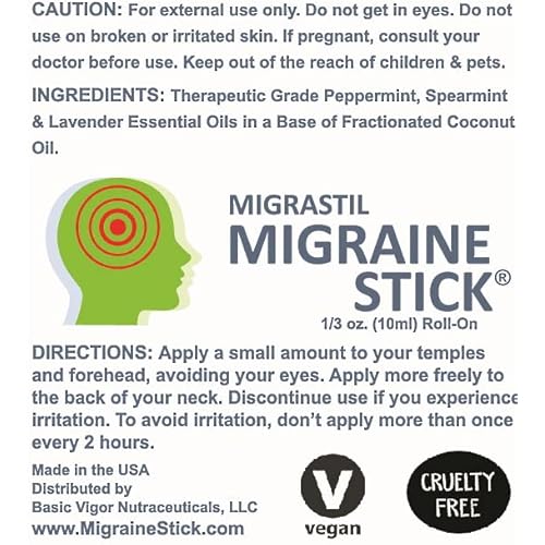 Migrastil Migraine Stick ® Headache Relief Rollon - Fast Cooling Relief for Migraine & Tension Headaches. Aromatherapy with Peppermint & Other Essential Oils. Metal Roller. Made in USA by Basic Vigor